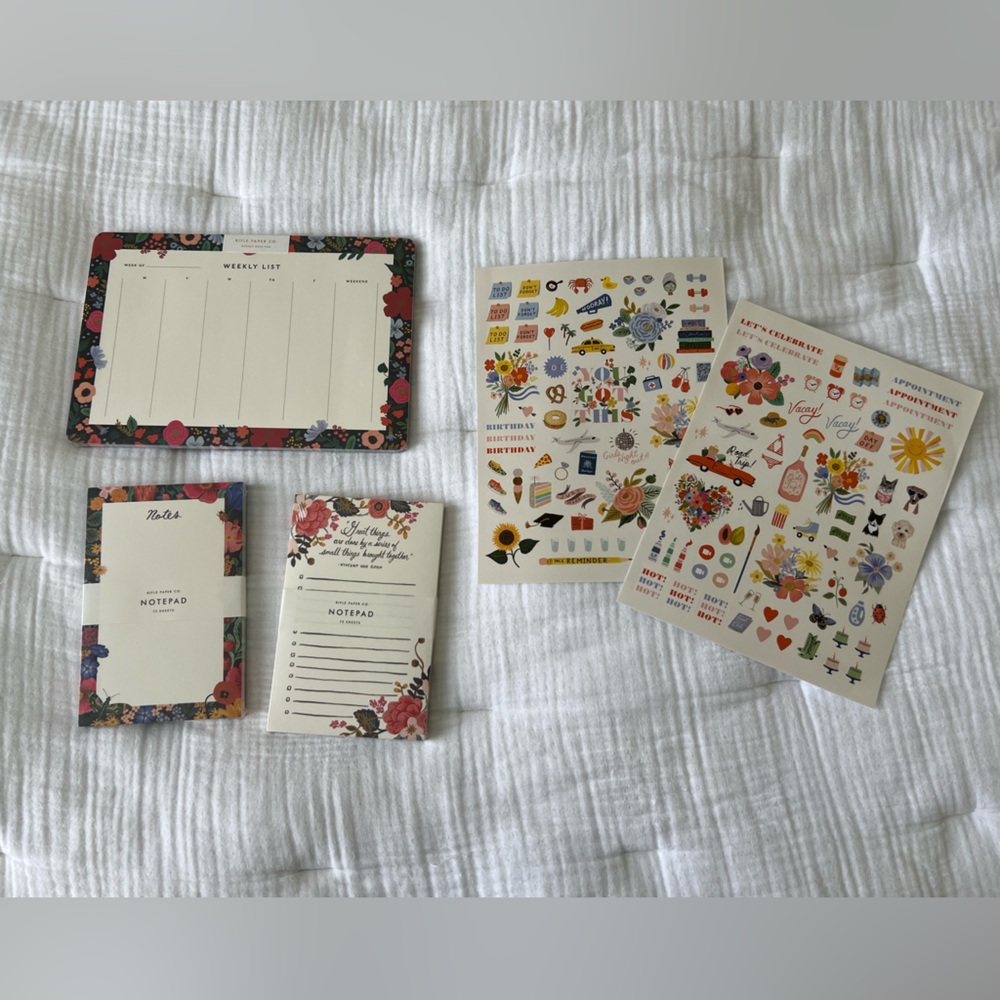 Lot of 3 Rifle Paper Co Notepads and stickers, weekly planner, notes